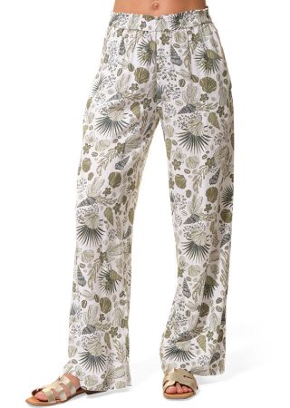 JOANNA Pantalon femme ample et fluide version coquillage et fleurs vertes |HUBLOT