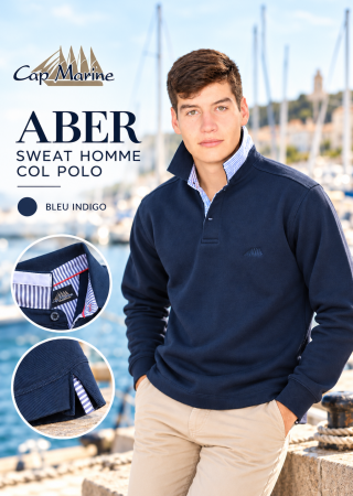 ABER Sweat homme -Bleu indigo -intérieur col rayé bleu –Col polo |Cap Marine