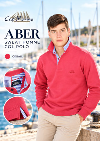 ABER Sweat homme–Corail-intérieur col rayé bleu–Col polo|Cap Marine