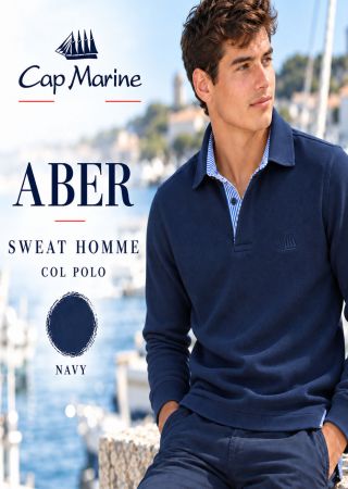 ABER Sweat homme -Navy- intérieur col rayé bleu –Col polo|Cap Marine