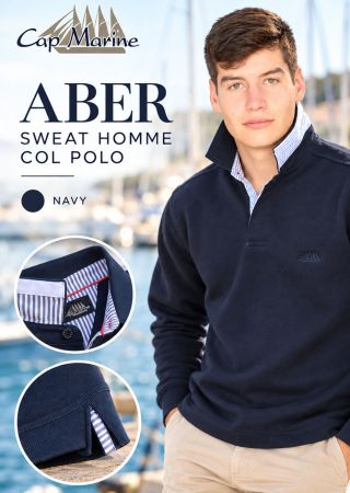 ABER Sweat homme -Navy- intérieur col rayé bleu –Col polo|Cap Marine