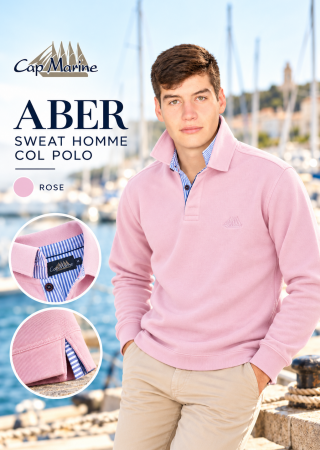 ABER Sweat homme -Rose–Col polo avec rayures bleu et blanc |Cap Marine