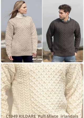 KILDARE Pull irlandais homme torsadé laine Mérinos Col rond   C1949- Aran Crafts