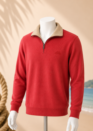 Pull homme TRIEUX Cap Marine– Rouge pêcheur col beige – Col camionneur