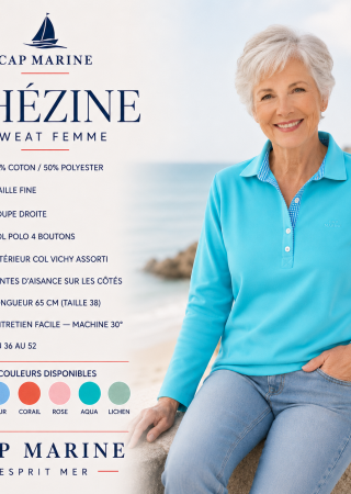 Sweat polo femme CHEZINE -6 Couleurs–Cap Marine (intérieur col vichy)