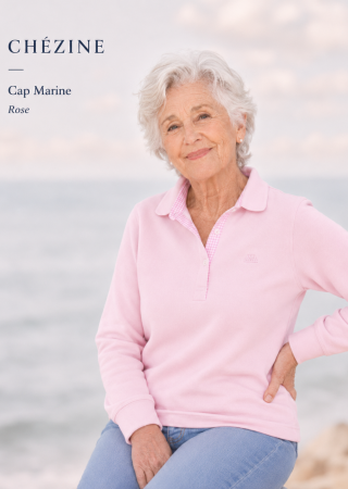 Sweat polo femme CHEZINE- ROSE – Cap Marine (intérieur col vichy)