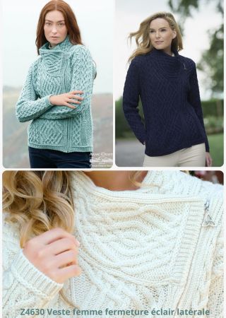 Veste femme en tricot irlandais zippé sur le cotê Z4630- Aran Crafts
