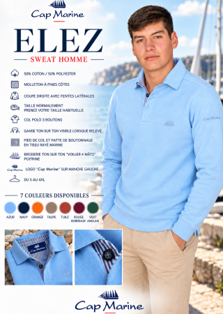 ELEZ–7 coloris disponibles  Sweat homme Col polo 3 boutons -|Cap Marine