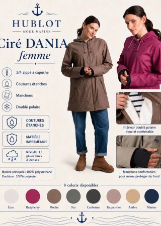 DANIA Ciré femme 3/4 zippé à capuche coutures étanches et doublure polaire |HUBLOT ⚓