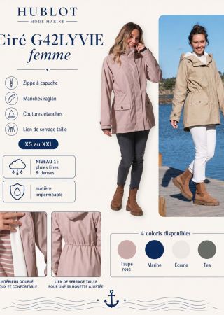 LYVIE Ciré femme zippé doublé polaire  à capuche avec manches raglantes et lien de serra à la taille |HUBLOT ⚓