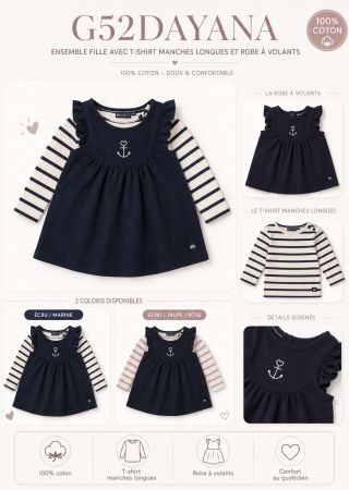 DAYANA Ensemble layette  avec tee-shirt manches longues et robe à volants |HUBLOT ⚓