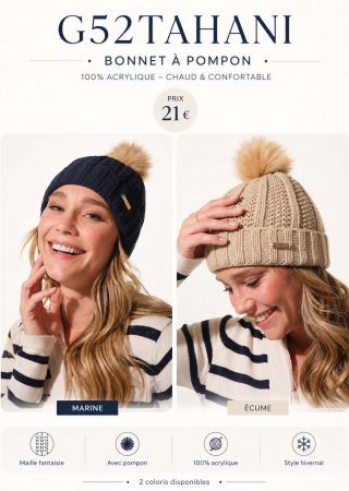 TAHANI Bonnet uni en maille fantaisie avec pompon |HUBLOT ⚓