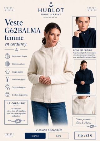 BALMA Veste courte femme zippée en corduroy coupe ajustée |HUBLOT ⚓