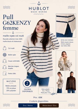 KENZY Pull femme rayé, col roulé manches longues évasées, fentes côtés |HUBLOT ⚓