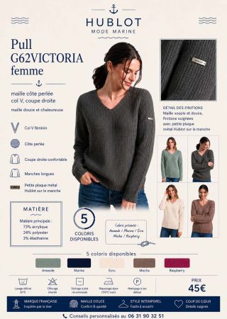 VICTORIA Pull femme col V, côte perlée, coupe droite |HUBLOT ⚓