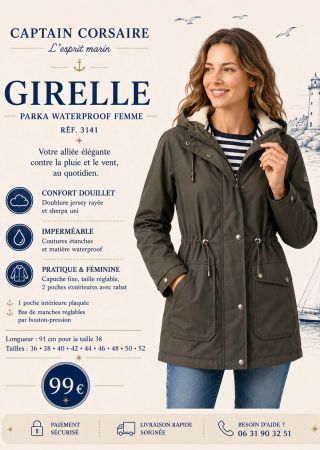 GIRELLE Parka longue waterproof femme à capuche |Captain Corsaire