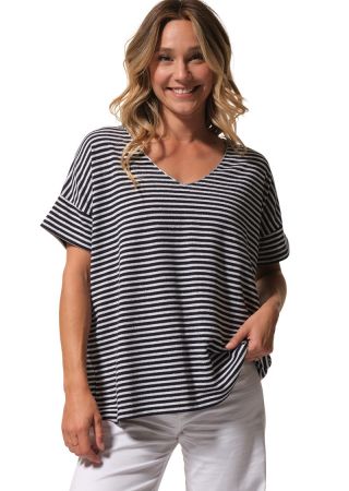 DOLCE  Tee-shirt femme manches courtes avec rayures en fil métallisé, col V|HUBLOT
