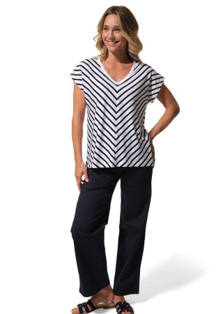 JANICE Tee-shirt femme manches courtes avec jeu de rayures, col V| HUBLOT