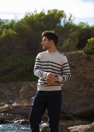 WILLIAM Pull Marin homme Col rond avec boutons sur l'épaule en coton mélangé |HUBLOT