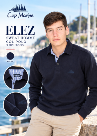 ELEZ–Navy Sweat homme Col polo 3 boutons |Cap Marine