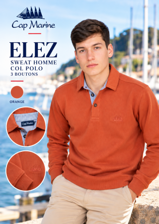 ELEZ–Orange Sweat homme  Col polo 3 boutons |Cap Marine