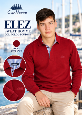 ELEZ–Rouge bordeaux  Sweat homme Col polo 3 boutons|Cap Marine