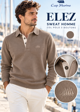 ELEZ–Taupe Sweat homme Col polo 3 boutons|Cap Marine
