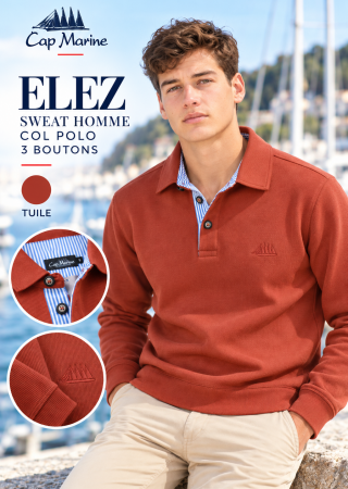 ELEZ-Tuile  Sweat homme  Col polo 3 boutons |Cap Marine