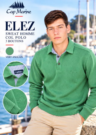 ELEZ–Vert anglais  Sweat homme Col polo 3 boutons |Cap Marine