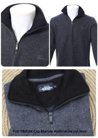 Pull homme TRIEUX Cap Marine– Anthracite col noir – Col camionneur