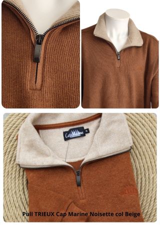 Pull homme TRIEUX Cap Marine – Noisette col beige –Col camionneur