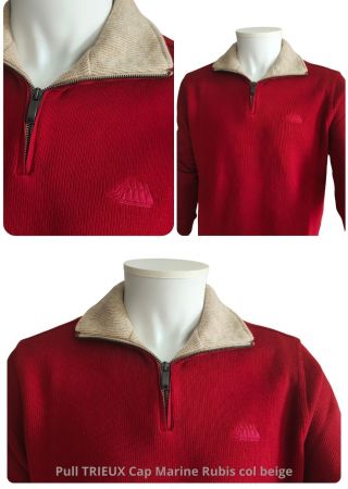 Pull homme TRIEUX Cap Marine – Rubis col beige – Col camionneur