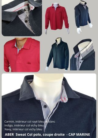 Sweat homme ABER Cap Marine– 4 coloris disponibles  – Col polo , intérieur col vichy bleu
