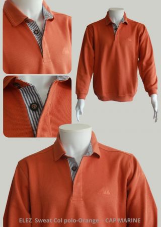 Sweat homme ELEZ Cap Marine – Orange – Col polo 3 boutons