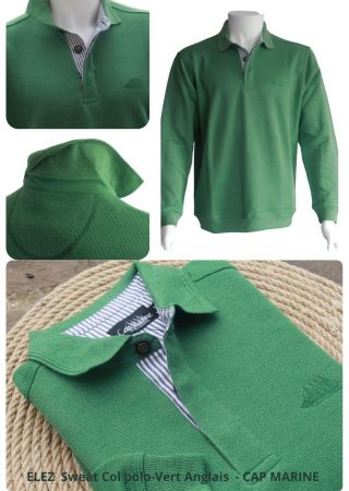 Sweat homme ELEZ Cap Marine –Vert anglais – Col polo 3 boutons
