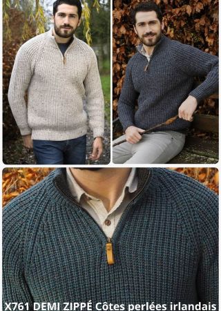 FISCHERMANS Pull irlandais homme Col Camioneur demi zippé  X761-Aran Craft