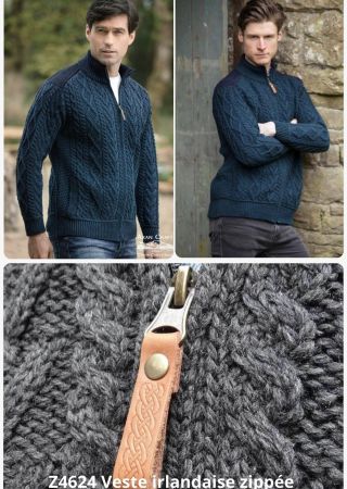 SHOULDER Cardigan homme avec zip et Poches Insérées  Z4624- Aran Crafts