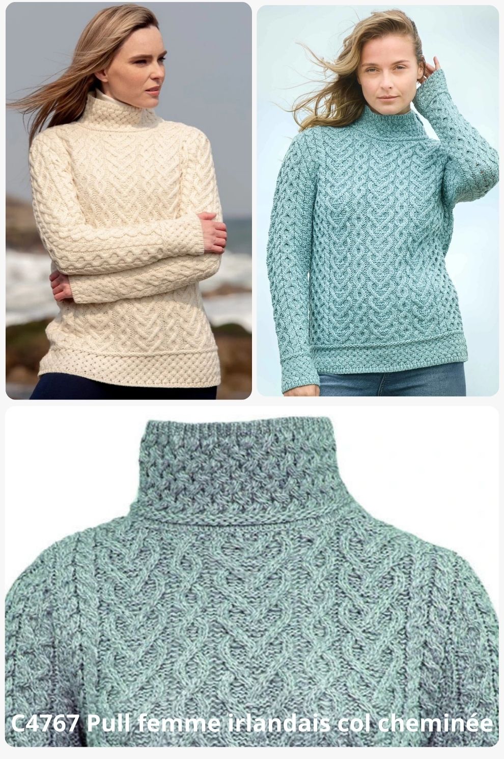 Aran Maille Irlandaise Pull IRLANDAIS Avec Petit Col Cheminé N4767