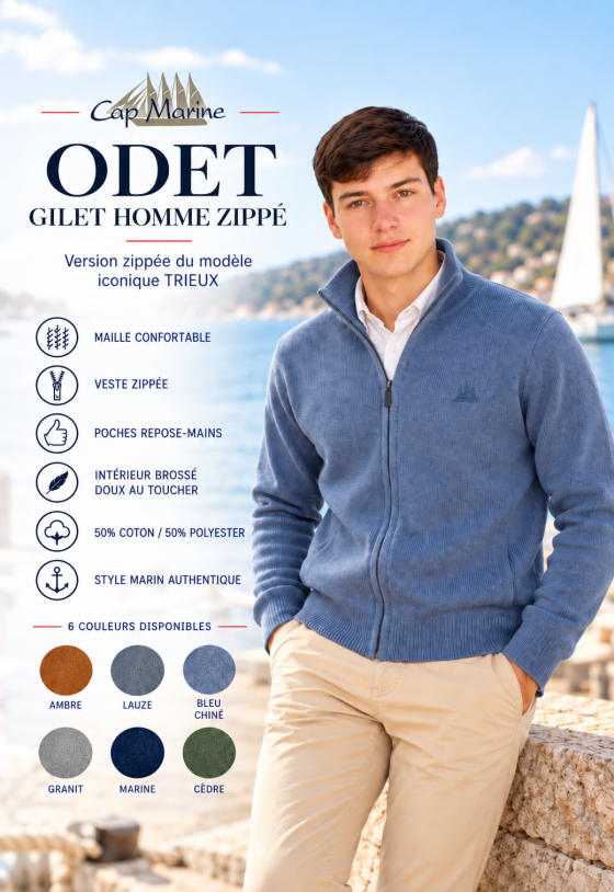 Gilet homme ODET Cap Marine – 6 coloris disponibles – Zippé à poches
