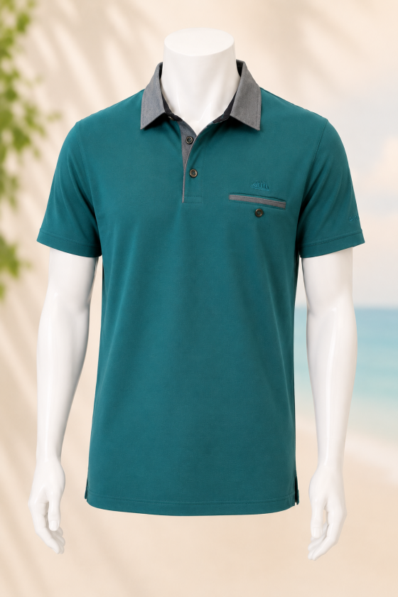 Polo homme BRIVET Cap Marine –Bleu-vert- Col chambray