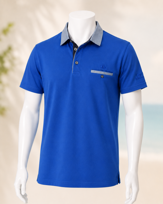 Polo homme BRIVET Cap Marine –Bleu electrique- Col chambray