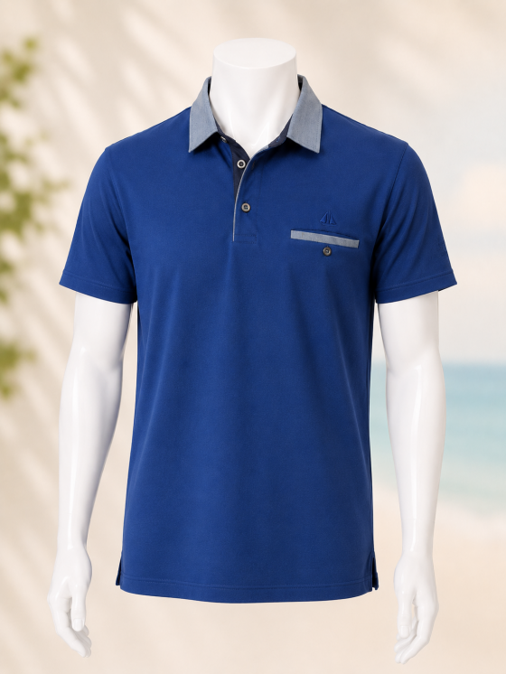 Polo homme BRIVET Cap Marine –Indigo- Col chambray