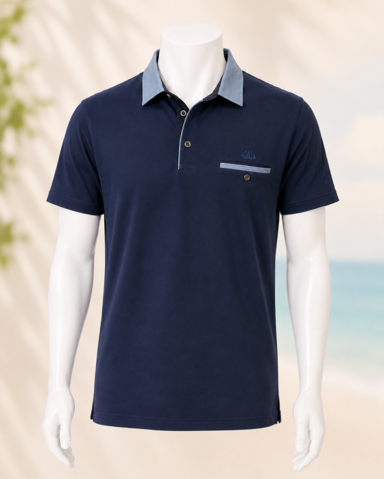 Polo homme BRIVET Cap Marine –Navy- Col chambray