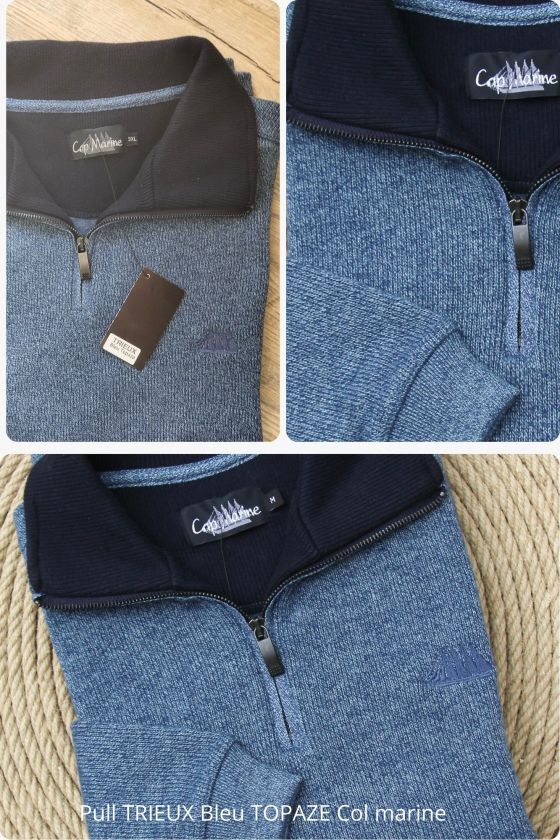 Sweat homme TRIEUX Cap Marine – Col camionneur – Bleu Topaze col Marine