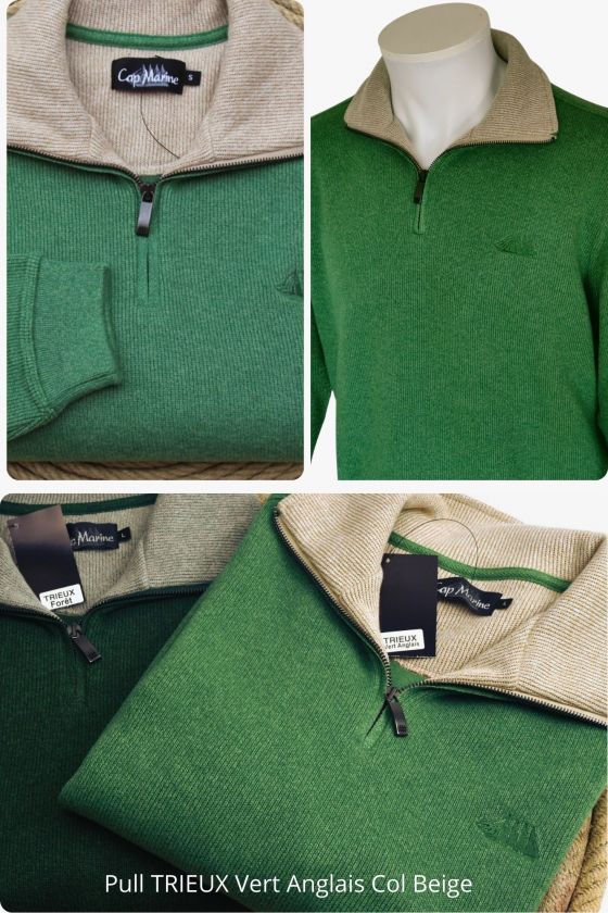 Sweat homme TRIEUX Cap Marine – Col camionneur – Vert Anglais col beige