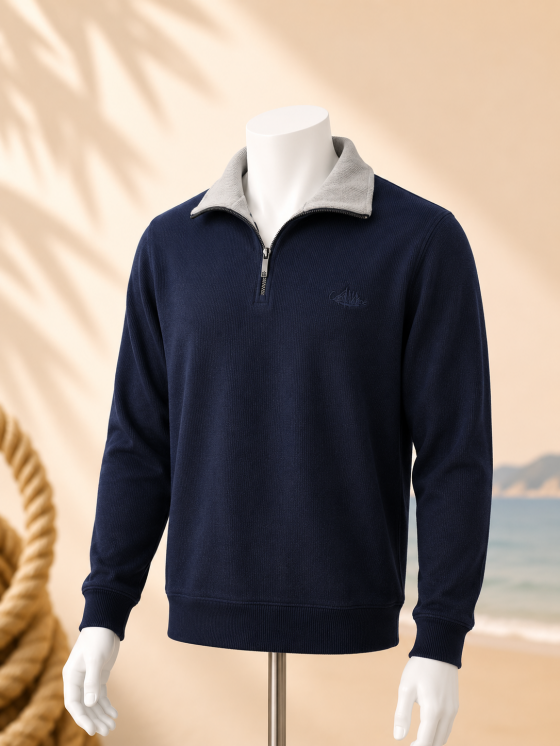 Pull homme TRIEUX Cap Marine– Bleu Marine col gris perle – Col camionneur